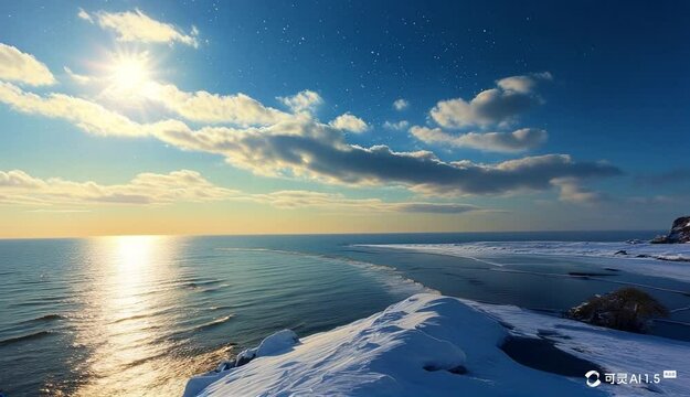 A true photographic landscape painting with unparalleled reality, wide views over the sea, stars, sunlight, winter, light effects, realism, Dennis Salahin, art stand
