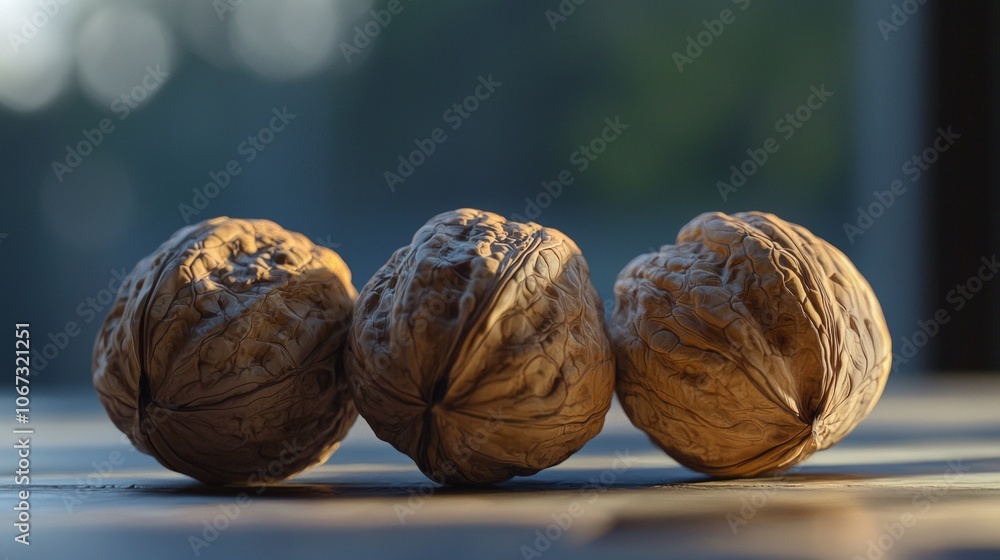 Poster three walnuts rest bright background illuminated softened contour lighting highlights their natural 