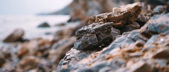 By the rocky shoreline, layered stones create a natural and rugged scene, painting a vivid picture of coastal beauty against blurred horizons.