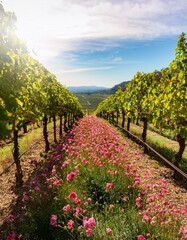 Naklejka premium Vineyard with pink flowers