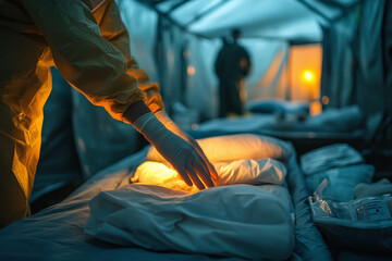 Obraz premium a doctor providing medical assistance in a makeshift field hospital.