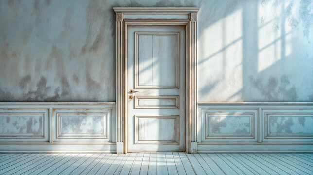 Porte blanche ferm&eacute;e dans un mur blanc
