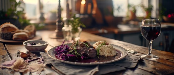 An elegant plate of roasted meat, red cabbage, and mashed potatoes on a rustic table, paired with a glass of red wine, suggesting a warm, gourmet meal.