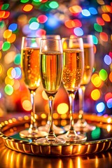 Christmas still life with champagne glass and festive decorations on light golden background with glitter sparkle bokeh. New Year and Christmas holiday template for design, celebration, congratulation