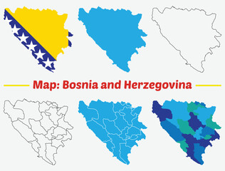Obraz premium Bosnia and Herzegovina country map set. internal provinces borders marked, Simple map of Bosnia and Herzegovina vector drawing, Filled and outline.