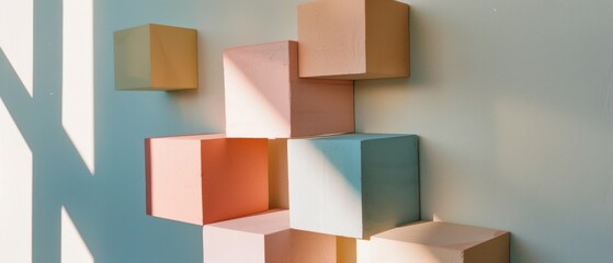 Pastel blocks protrude from a wall in a playful array, casting shadows and catching the light, a modern exploration of form and color.