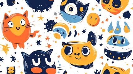 Fototapeta premium Playful Monster Doodles Seamless Pattern - Cute and Colorful Cartoon Creatures on White Background for Kids' Designs and Fun Projects