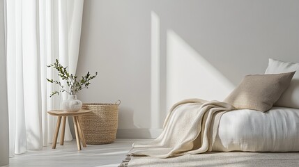 Subtle beige light-filtering curtain with eyelet rings, on white background, timeless and classic.