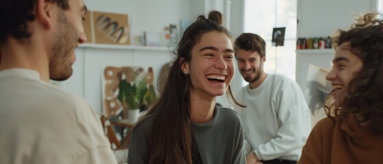 Obraz premium Friends sharing laughter and joy in a bright room, filled with warmth and camaraderie.