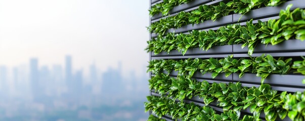 Obraz premium A lush green vertical garden wall showcases vibrant foliage against a soft-focus city skyline, blending nature with urban architecture.