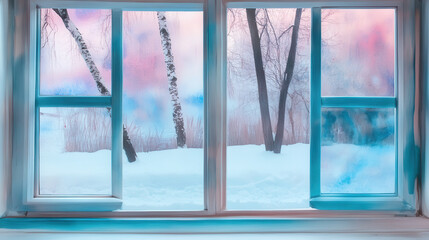 Frost covered window overlooking snowy garden with bare trees and colorful sky, creating serene winter scene