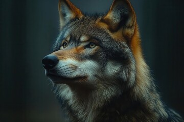 Fototapeta premium portrait of a majestic adult wolf piercing gaze against a sleek black background embodying strength and wild elegance blending realism with artistic interpretation