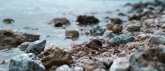 Fototapeta premium A lone starfish nestled among pebbles and rocks by the shore, with gentle waves lapping and the horizon stretching softly.