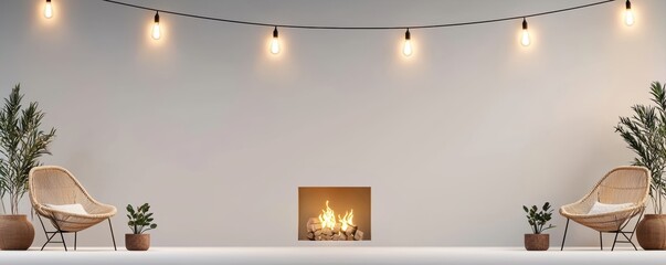 Cozy outdoor fireplace with chairs, string lights, and potted plants, inviting backyard setup, warm and comfortable, 3D illustration