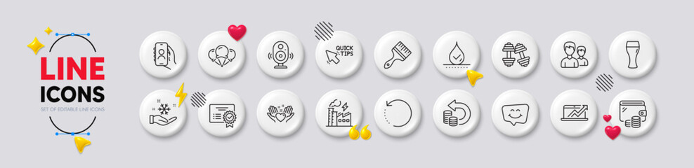 Couple, Dumbbells and Waterproof line icons. White buttons 3d icons. Pack of Speaker, Smile chat, Cash back icon. Recovery data, Beer glass, Wallet pictogram. Vector