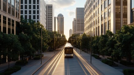 A city street scene featuring a tram surrounded by modern buildings and trees, illuminated by warm sunlight during twilight.