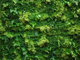 A lush green wall featuring various types of foliage and plants for decorative purposes.