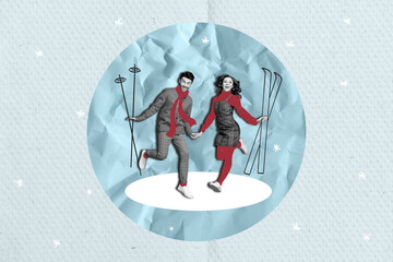 Image collage greeting picture of cheerful happy running people having fun skiing holding hands isolated on drawing background