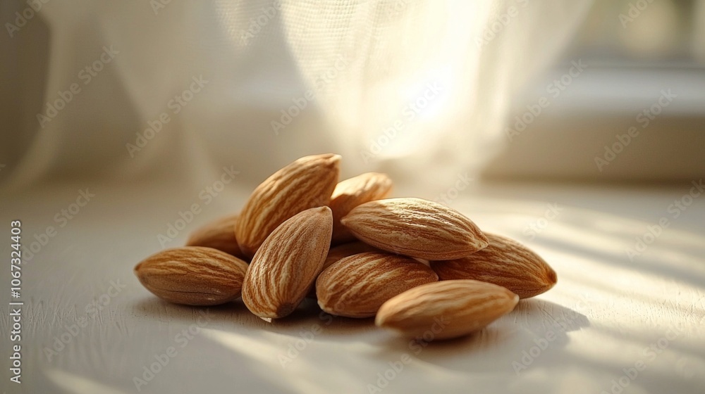 Poster group almonds rests bright surface illuminated soft contour lighting highlights their unique texture