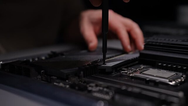 Close-up of technicians hands unscrewing cover on computer motherboard with screwdriver to install new SSD disk. Process of upgrading pc storage for enhanced performance. Shooting in slow motion.
