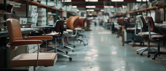 Obraz premium A long row of colorful office chairs line a spacious, modern workspace, awaiting the bustling energy of a new workday.