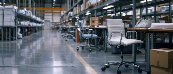Naklejka premium An expansive, organized industrial workspace with rows of sleek chairs awaiting the return of diligent employees.