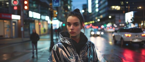 Fototapeta premium A person in a reflective jacket stands amidst a bustling city street at dusk, capturing the vibrancy and pulse of urban nightlife.