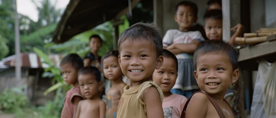 A group of cheerful children beams with joy and youthful innocence in a rustic village setting.