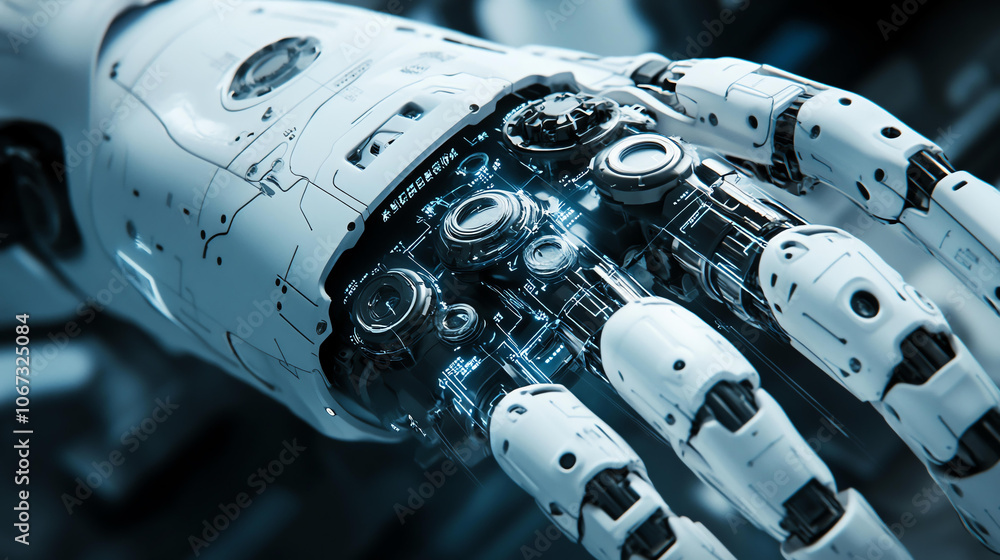 Poster detailed close up of robotic hand showcasing intricate mechanical joints and components, set against
