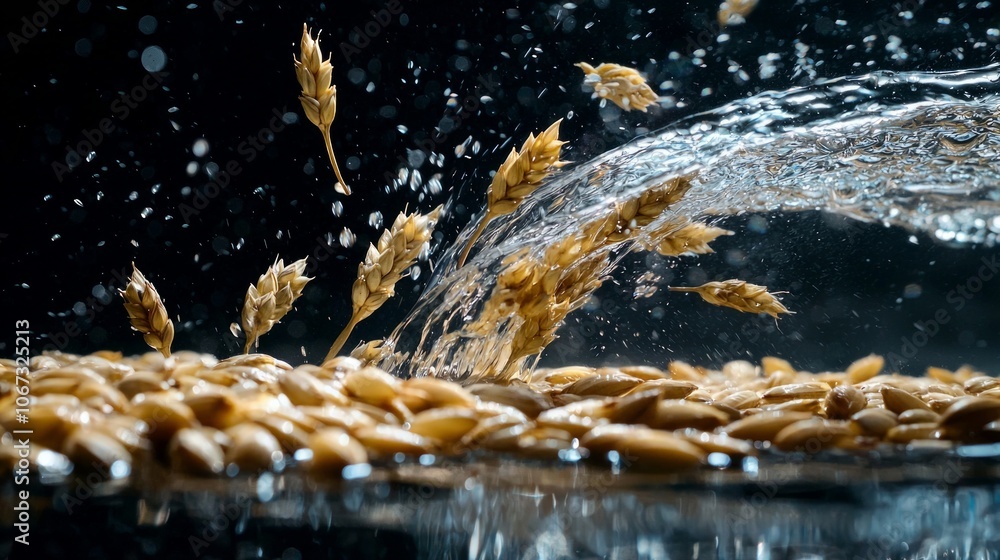 Poster barley groats float separately surface water creating striking contrast dark background emphasizing 