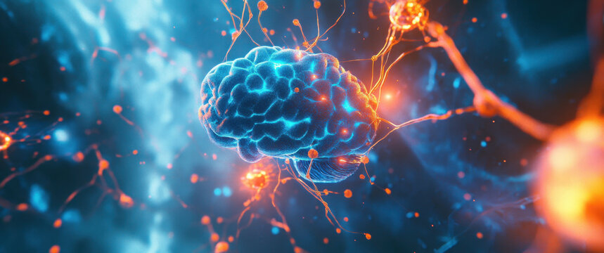 Brain concept incorporating bio organisms and high technology to create stock (AI).