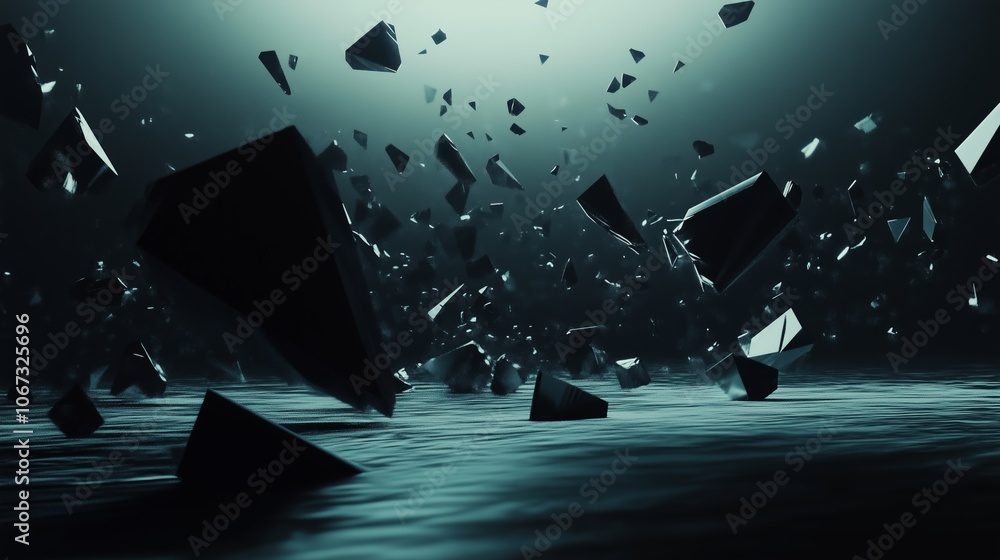 Poster dark floating shards in a surreal void create a mesmerizing atmosphere during a cosmic-themed explor