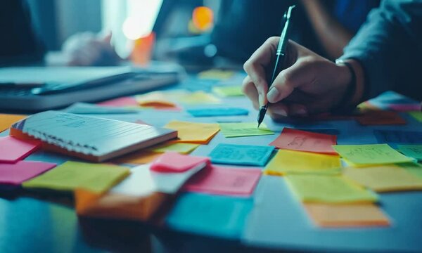 Hand writing on sticky notes at a collaborative workspace.
