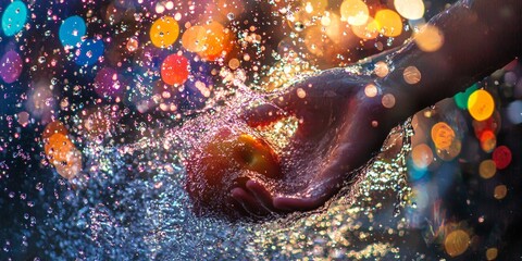 hand delicately cleans apple vibrant stream water colorful droplets forming rainbow. elegant composition captures moment beautifully.