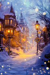 Fototapeta premium A snowy street with lights hanging from the trees