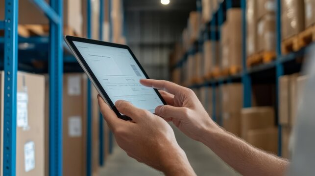 Hands using tablet for inventory tracking, real-time updates, high-tech logistics