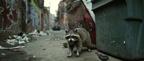 A curious raccoon explores an urban alley amidst colorful graffiti and scattered trash, embodying the spirit of urban wildlife adventure.