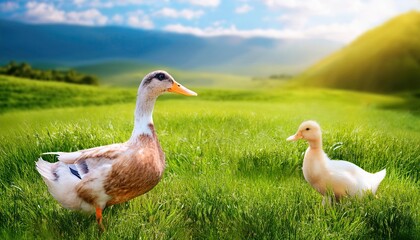 Obraz premium nature farm ducks, grass field background, Fresh and Relax concept. For montage product display or design key visual layout. View of copy space