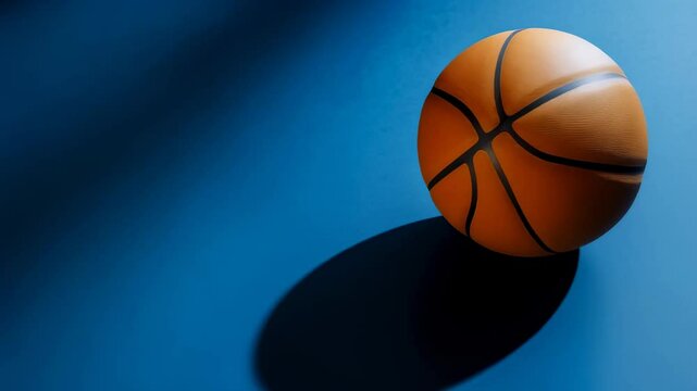 Orange basketball ball casting a long shadow on a vibrant blue background, creating a striking visual contrast with plenty of copy space for sport related themes