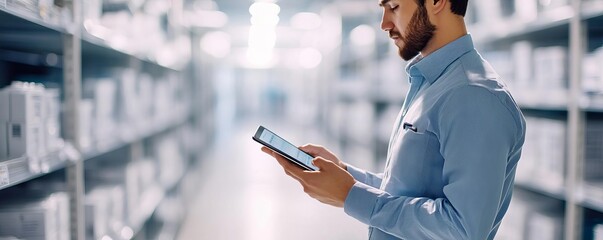 Inventory manager using tablet to track stock, organized warehouse, digital supply chain