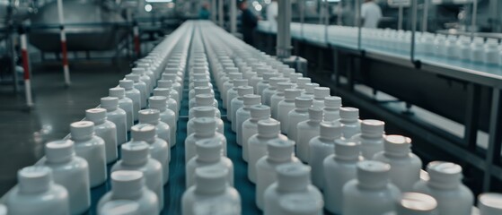 Endless rows of white bottles in a modern factory, showcasing precision and efficiency in industrial production.
