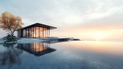 Obraz premium Feng Shui Waterfront Retreat, serene architecture, harmonious design, tranquil living space, ideal for relaxation and rejuvenation