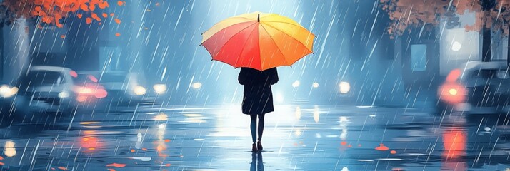 Colorful Pastel Umbrella on Rainy Street, vibrant colors, person walking, reflections on wet pavement, moody atmosphere