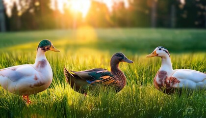 Obraz premium nature farm ducks, grass field background, Fresh and Relax concept. For montage product display or design key visual layout. View of copy space