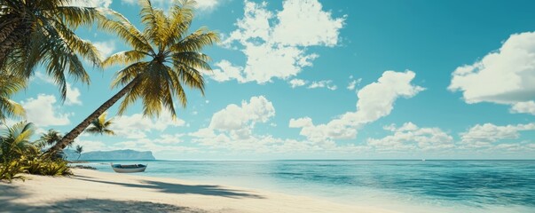 Tropical Beach with Sandy Shore, Palm Trees, and Clear Blue Sky on a Sunny Day