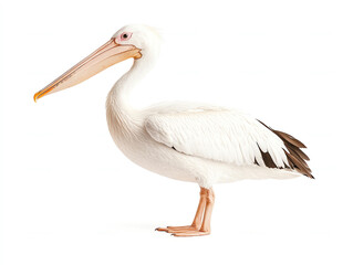 Obraz premium pelican stands gracefully on white background, showcasing its distinctive long bill and elegant feathers. This majestic bird embodies serene presence in nature