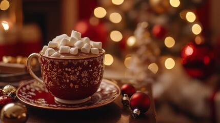 Fototapeta premium Hot chocolate with marshmallows in a cozy Christmas holiday setting