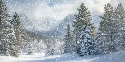 Fototapeta premium The snow-covered pine forest in the mountains is blanketed in a heavy white powder landscape nature winter.