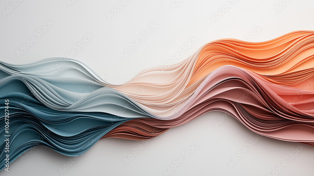 Poster Flowing abstract background with layered patterns in soft blue, orange, and pink hues, creating sense of movement and tranquility. Perfect for modern design concepts