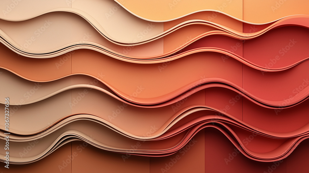 Poster Abstract background with flowing organic shapes in warm tones, creating sense of movement and depth. layered design features shades of orange, red, and beige, evoking serene and dynamic atmosphere
